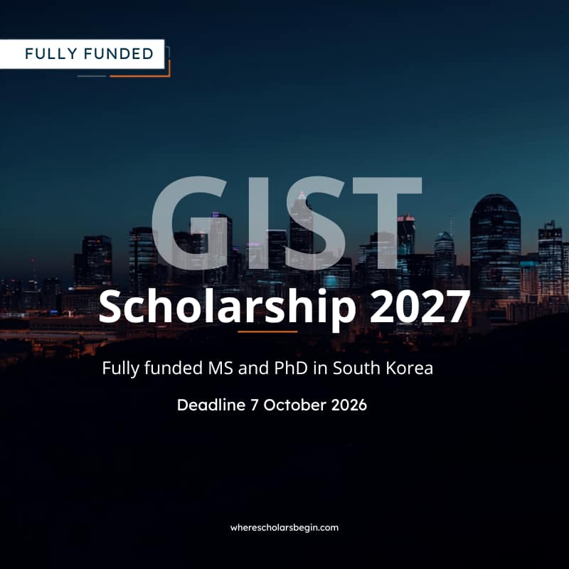GIST Scholarship 2027 for International Students: Fully Funded MS & PhD seoul skyline scholarship graphic (800 x 800 px)